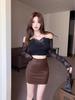 Women's Brown High-Waisted PU Leather Bodycon Skirt - Slim-Fit, Sexy Pencil Style for Autumn/Winter 2026.
