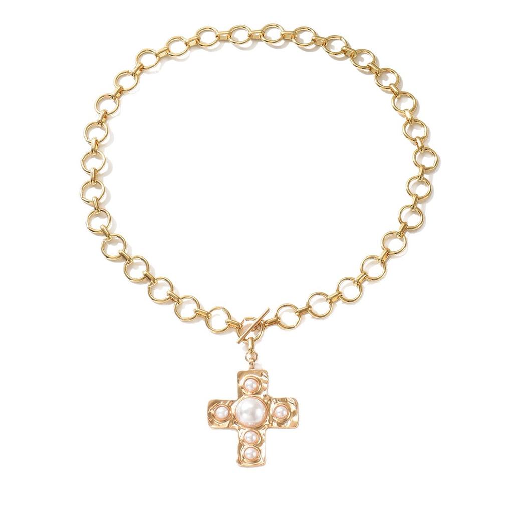 European and American Fashion and Retro Design Imitation Pearl Cross Necklace Simple and Versatile OT Buckle Ring Necklace