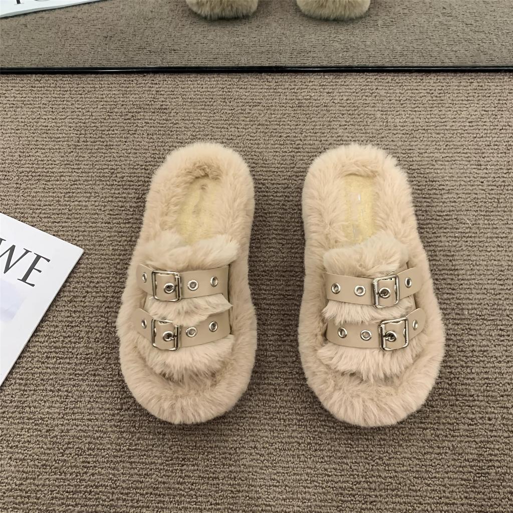 Vielseitige flauschige Hausschuhe mit dickem Boden für Damen, Herbst und Winter 2025, neu, rutschfest, für zu Hause, Ein-Wort-Out, Plüsch-Baumwoll-Mopp