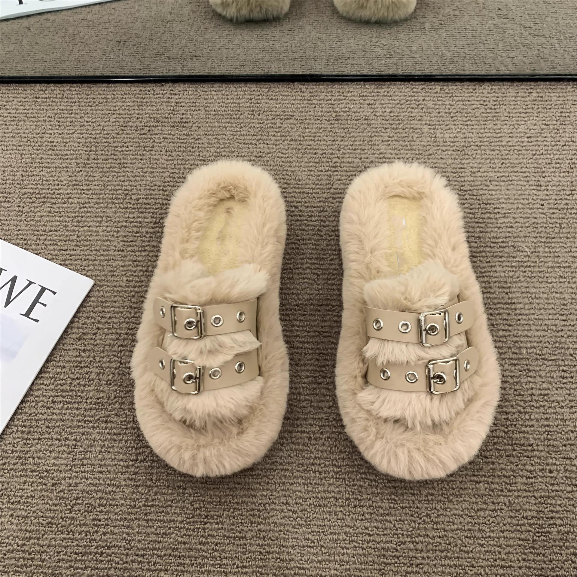 

Универсальные пушистые тапочки на толстой подошве женские 2025 осень и зима новые нескользящие домашние тапочки с плюшевым хлопковым мопом 41 хаки