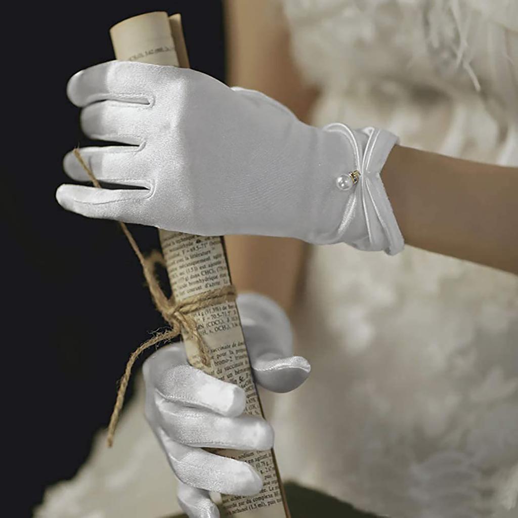 Satins Gloves Evening Gown Gloves with Pearls Decors Wedding Bride Gloves for Formal Occasion Stage Props Hand Gloves