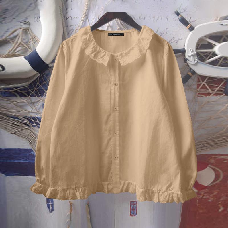 

ZANZEA Женские осенние рубашки с длинным рукавом и кружевными лацканами и оборками L