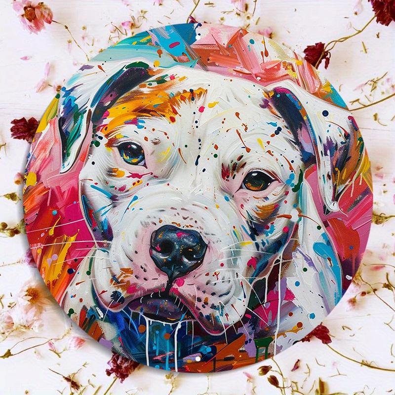 Vibrant Pop Art Pit Bull Portrait Round Metal Sign D Flat Printed Colorful Splatter Paint Style Dog Art Tin Plaque Bold Moder 20x20cm(8x8inch)