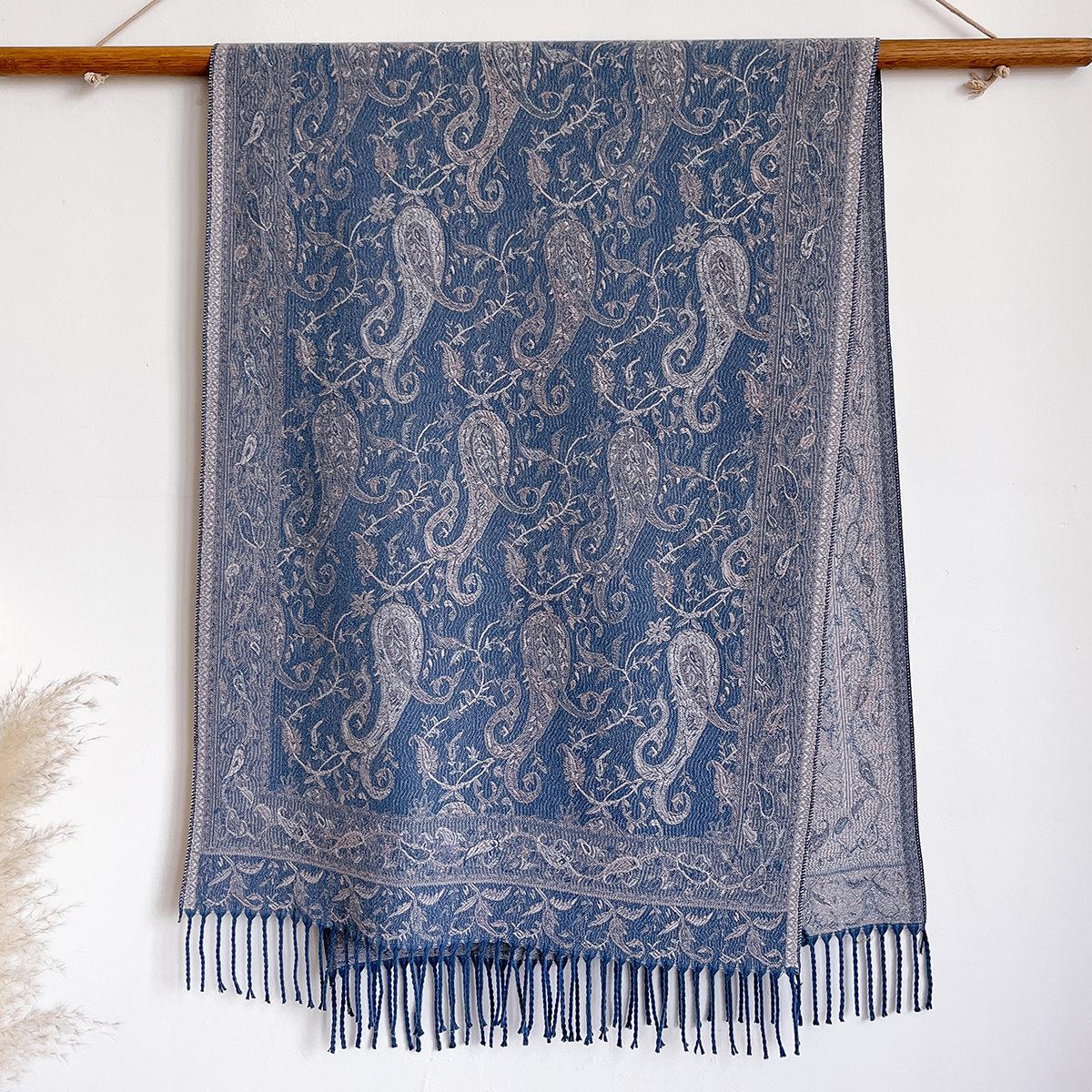 

Роскошный этнический стиль, жаккардовый шарф с бахромой и узором «кешью», высококачественный универсальный женский платок-шаль 200x65cm синий