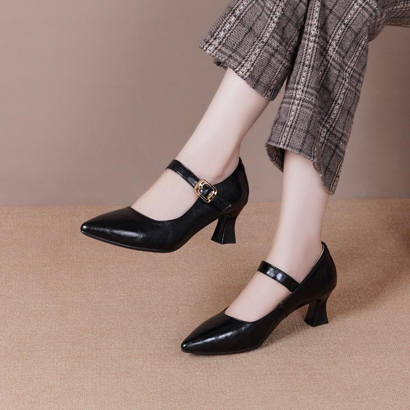 New Spring and Autumn Fashion Shallow Single Shoes Women's Soft Leather Mary Jane Women's Shoes Pointed Leather Shoes Thick Heel High Heels
