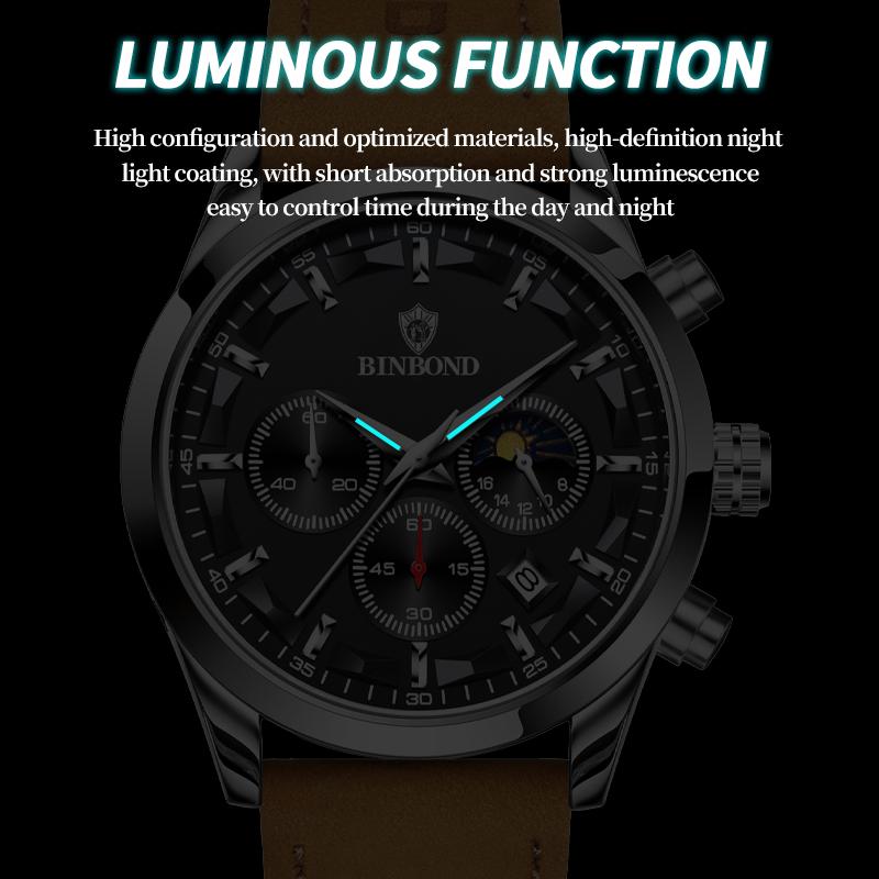 BINBOND Luxury Man Quartz Watch Waterproof Luminous Pointer Chronograph Leather Men's Wristwatch Military Sports Male Watch
