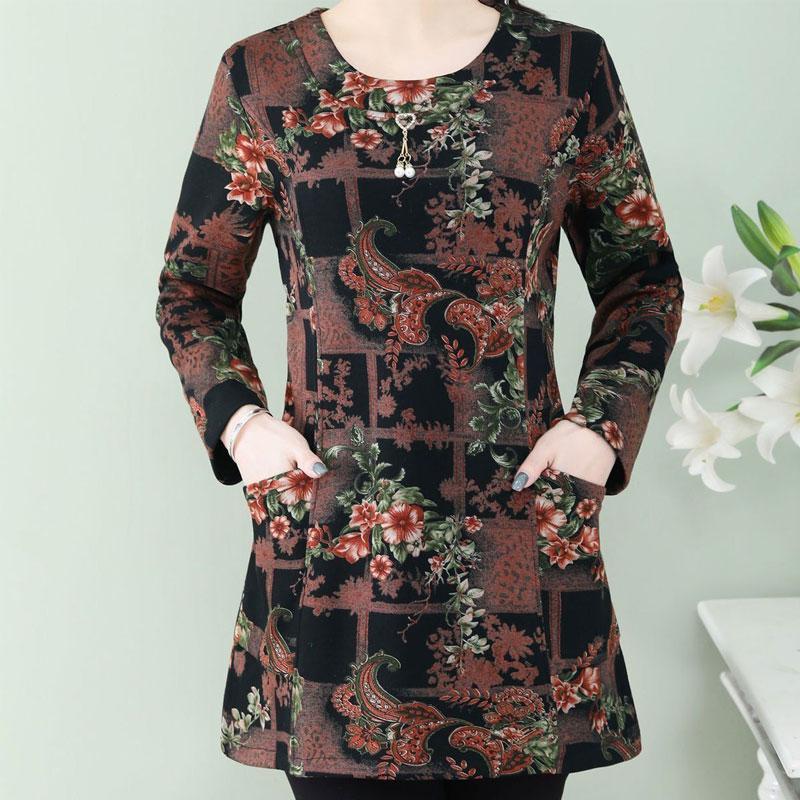 

Женская одежда Винтажные пуловеры с цветочным принтом Повседневные с круглым вырезом Весна Осень Длинный рукав Модные карманы Сшивная футболка Новая XXXL чёрный