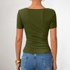 Women's Short-sleeved Asymmetric Collar Pleated Decorative Fitted Blouse Casual T-shirt Top