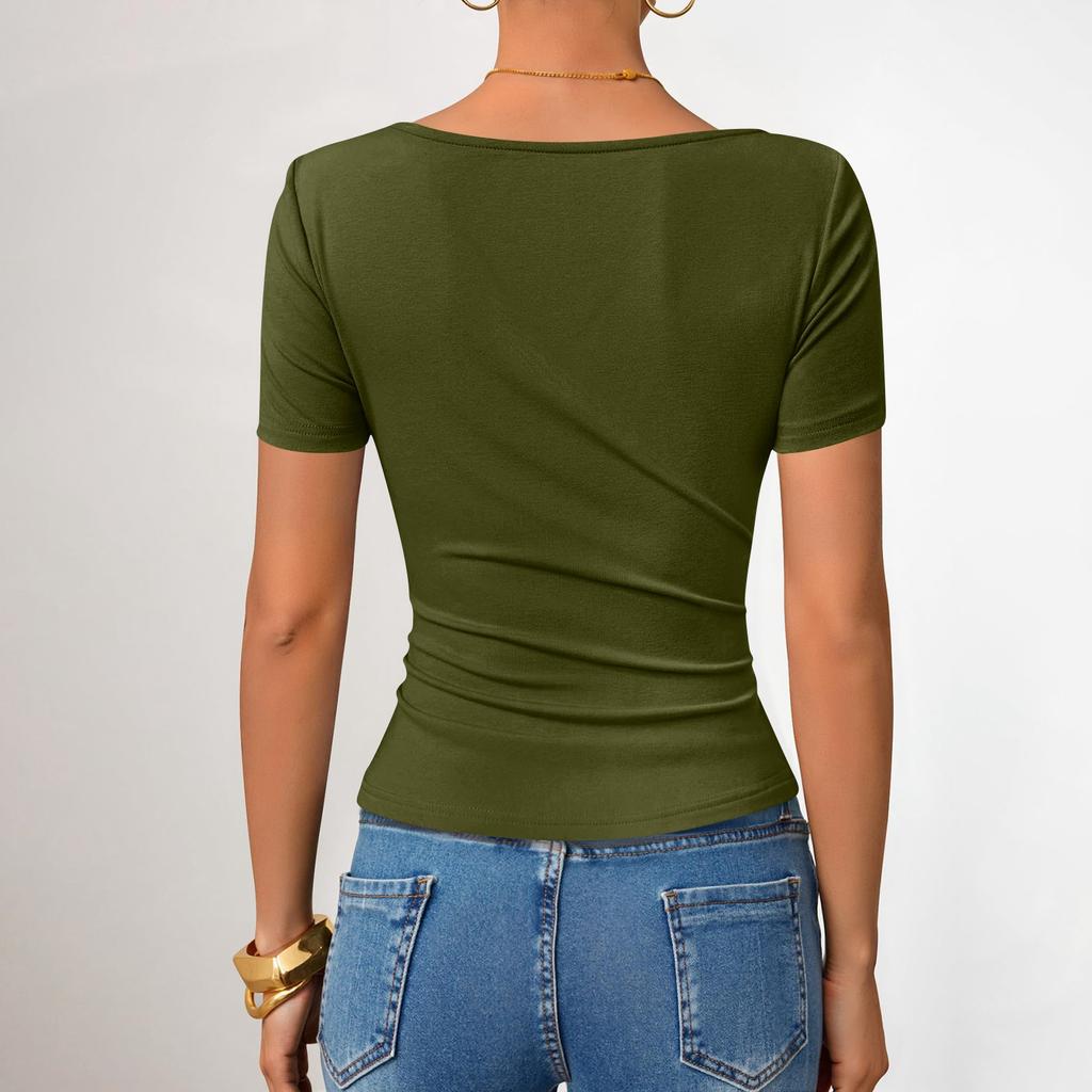 Women's Short-sleeved Asymmetric Collar Pleated Decorative Fitted Blouse Casual T-shirt Top
