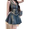 Plus Size Retro Hot Girl Halter Neck Dress - Summer Denim Frayed Edge Skirt