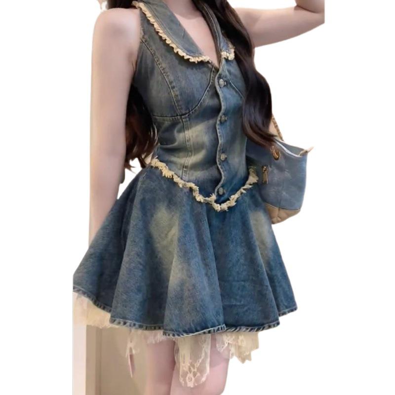 Plus Size Retro Hot Girl Halter Neck Dress - Summer Denim Frayed Edge Skirt
