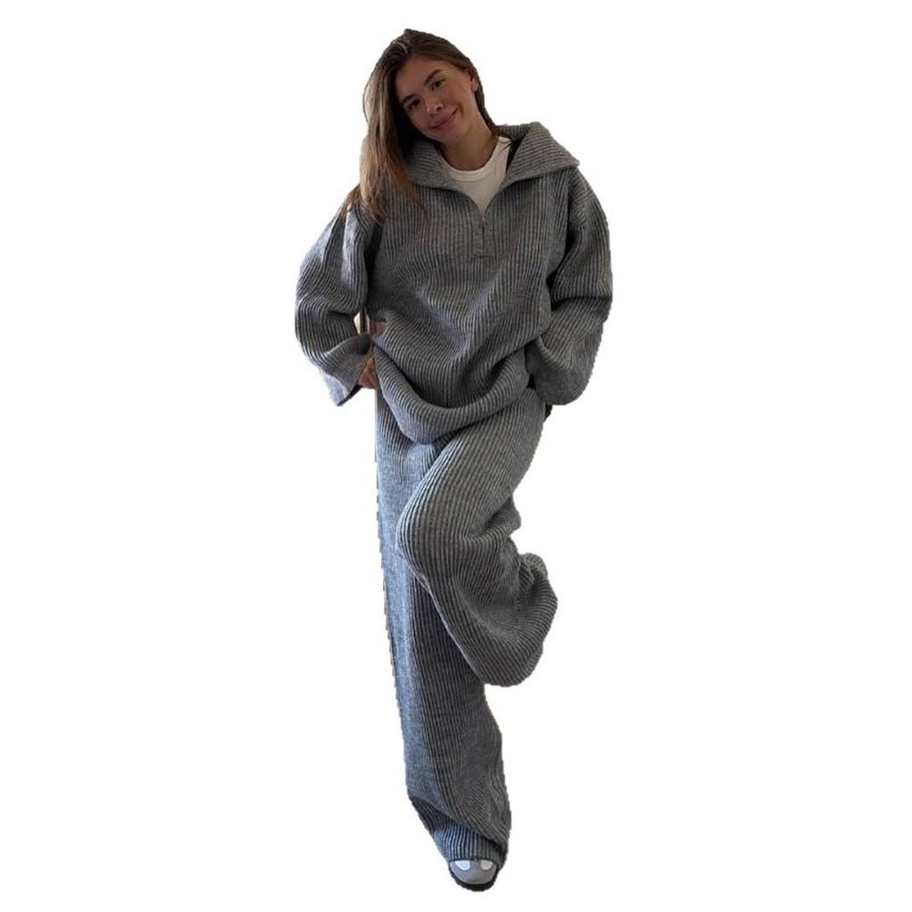 2025 Herbst Winter Neues Damen Strickpullover Set mit Halbreißverschlusskragen Langarm Weitbein Hose Outfit für Europa und Amerika