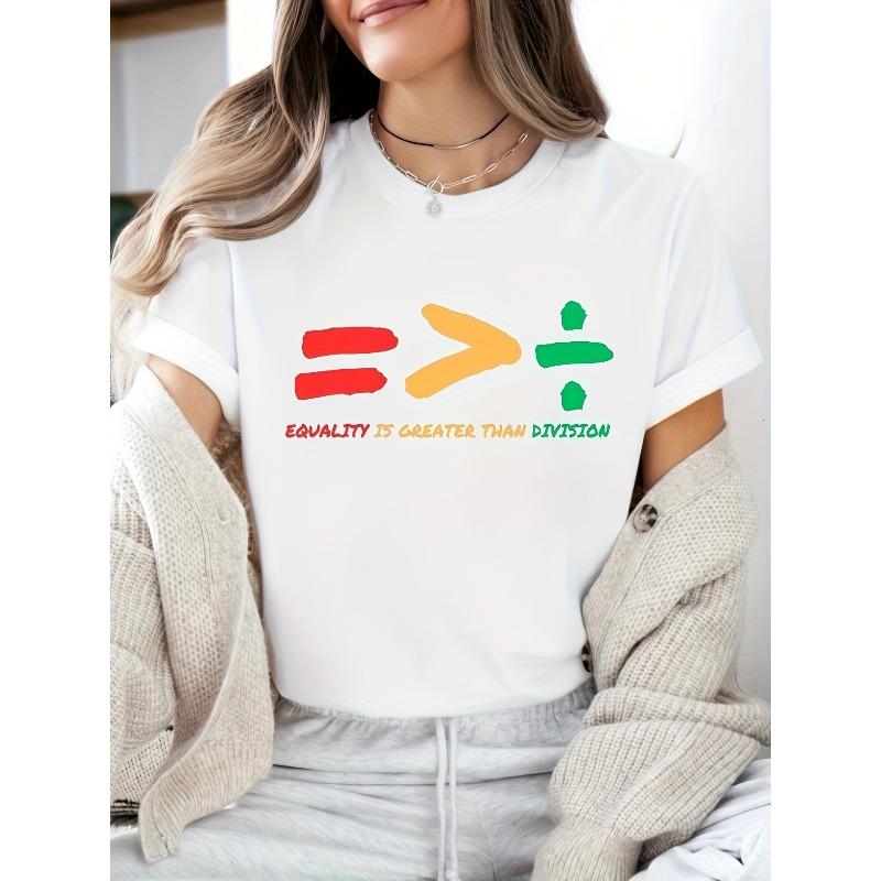 

Women s 100% Cotton Equality Is Greater Than Division Graphic T-Shirt - Casual Round Neck Social Justice Tee with Vibrant Letter Print S белый