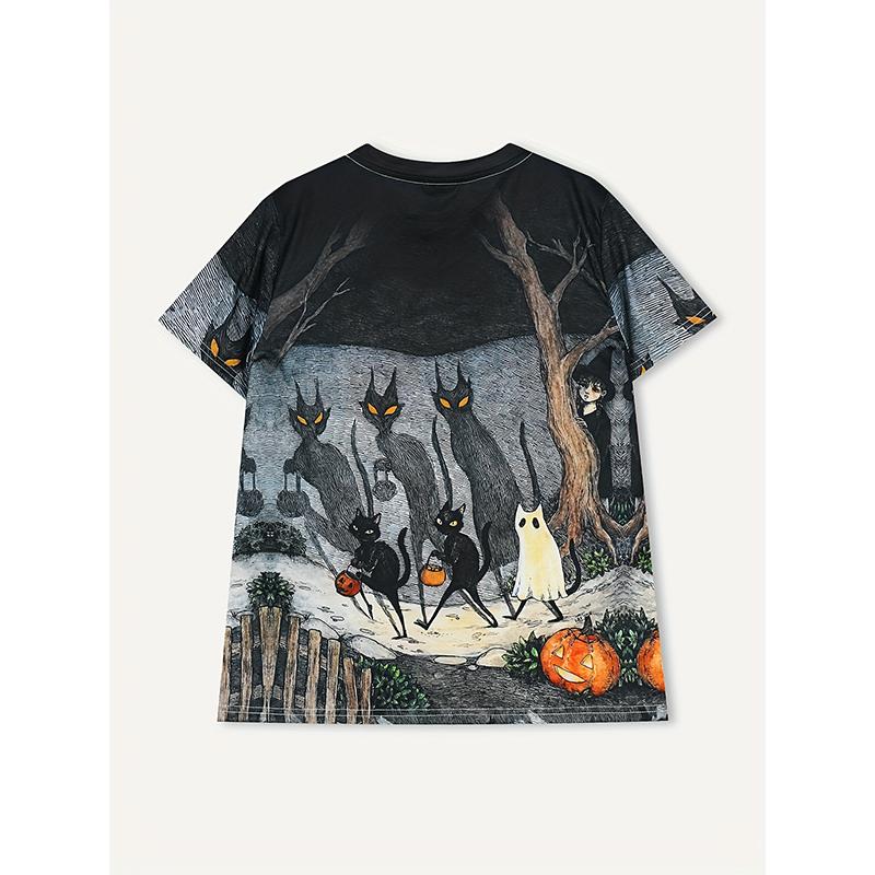 2024 Fashion New Damen Rundhals-Druck Halloween-Kätzchen Übergroßes Damen-Lose-Top Sommer Casual Breathable T-Shirt