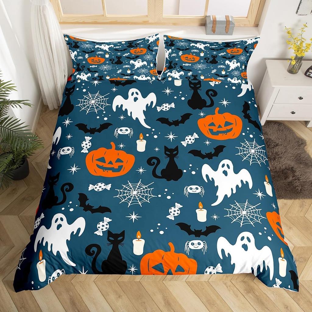 Halloween Ghost Duvet Cover Kawaii Cartoon Ghost Bedding Set Twin Queen For Boys Girl Room Decor Happy Halloween Comforter Cover