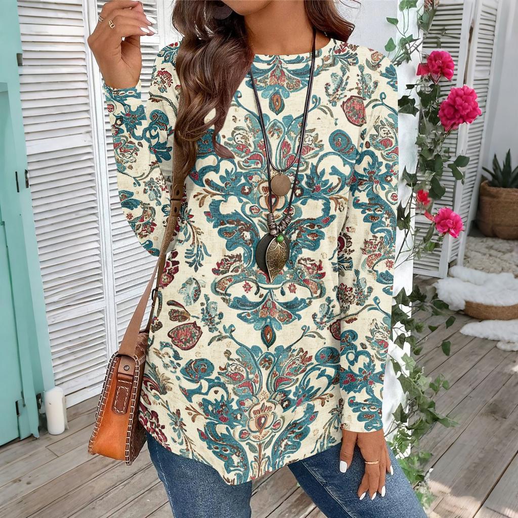 Women's Casual Plus SizeLong Sleeved Round Neck Vintage Ethnic Printing T-shirt Top Pullover