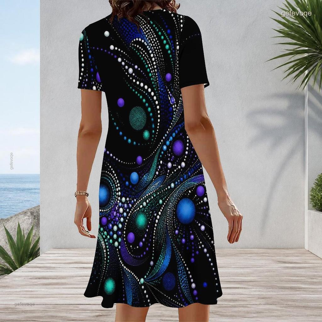 Women Plus Size Round Neck Short Sleeve Black Multicolor Printed A Line Flared Midi Dress