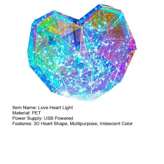 Love Heart Night Light Prismatic Iridescent 3D Heart Shape LED Light Bedroom Atmosphere Lamp Gifts for Lovers Friends