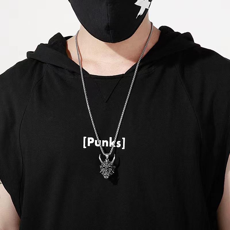 New Horn Prajna Ghost Titanium Steel Pendant Necklace Retro Mask Hip Hop Jewelry Accessories