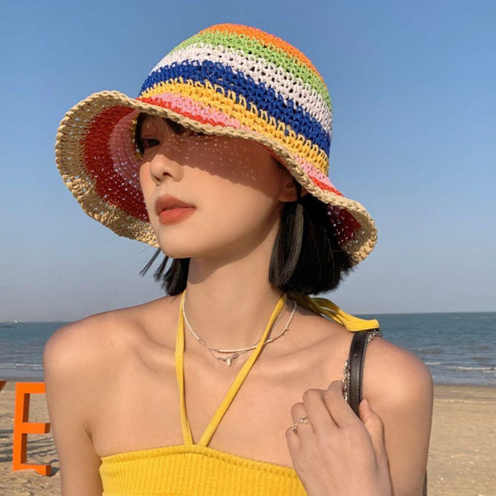 Weave Sunscreen Bucket Hat Crochet Beach Fisherman Hat Elegant Rainbow Straw Hat  Summer