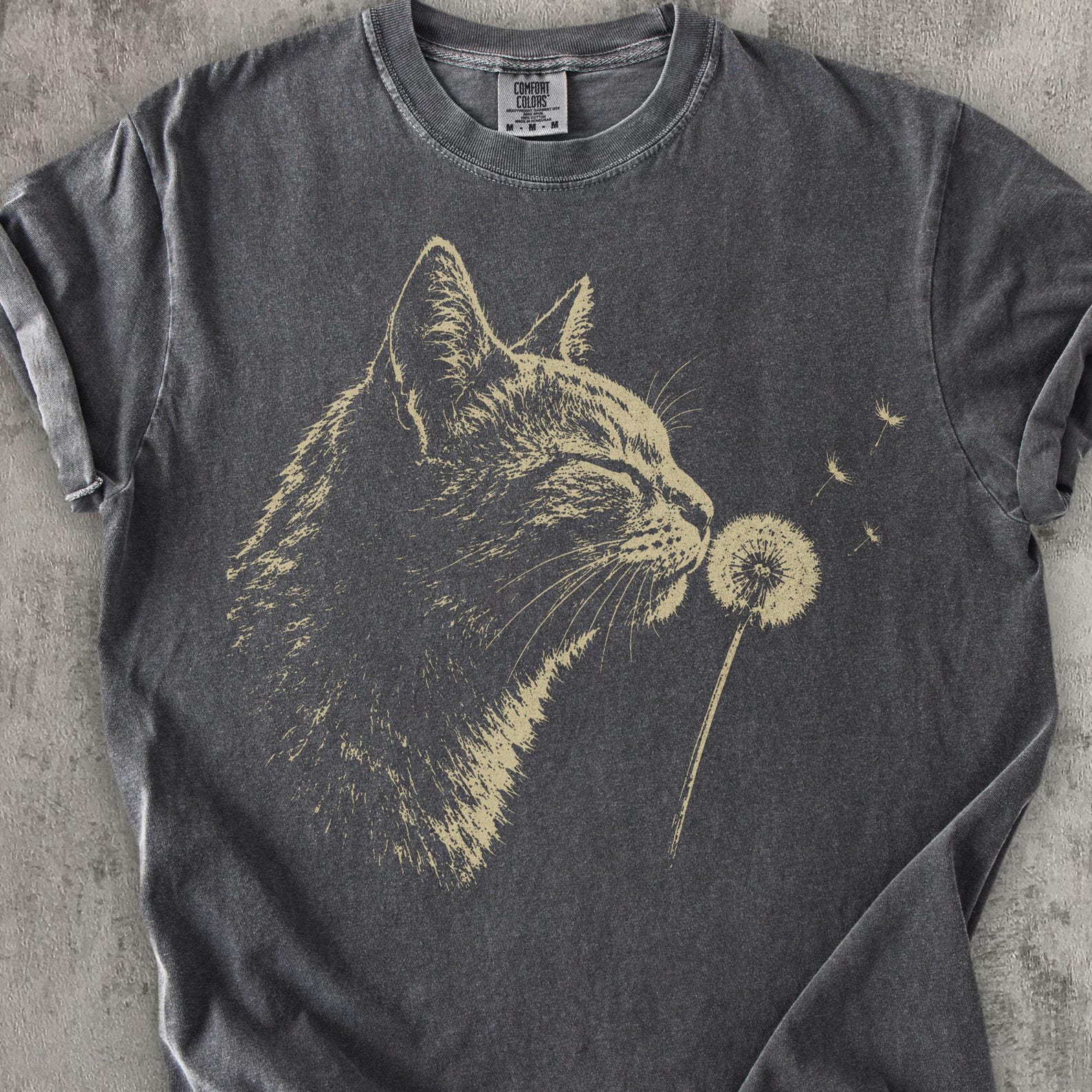 Cat Sniffing Dandelion Shirt, Botanical Cat Lover Tee, Whimsical Cat Graphic Shirt, Nature Lover Gift, Minimalist Comfort Colors Tee 2XL