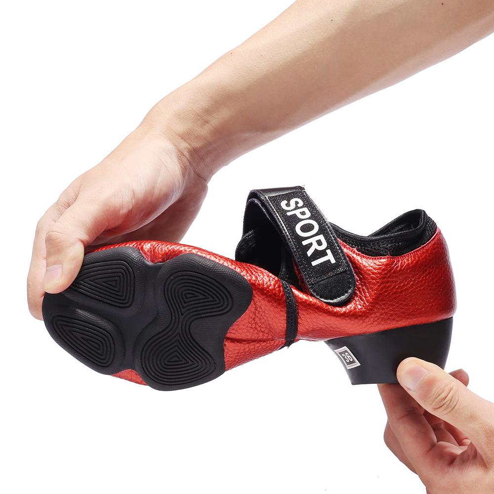 Wu Pa Women's Low Heel Leather Dance Shoes - Soft Sole, Breathable, Velcro Closure, Ideal for Ballroom, Middle-Aged & Elderly.