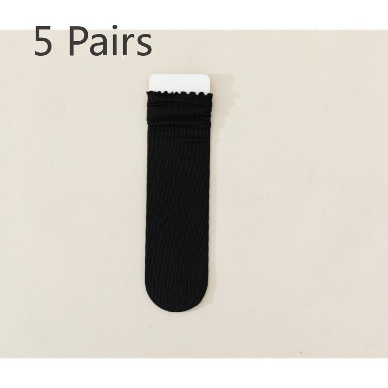 5 pairs of socks women's summer thin mid-calf black and white wooden ear edge solid colour ice ice socks velvet stacking socks