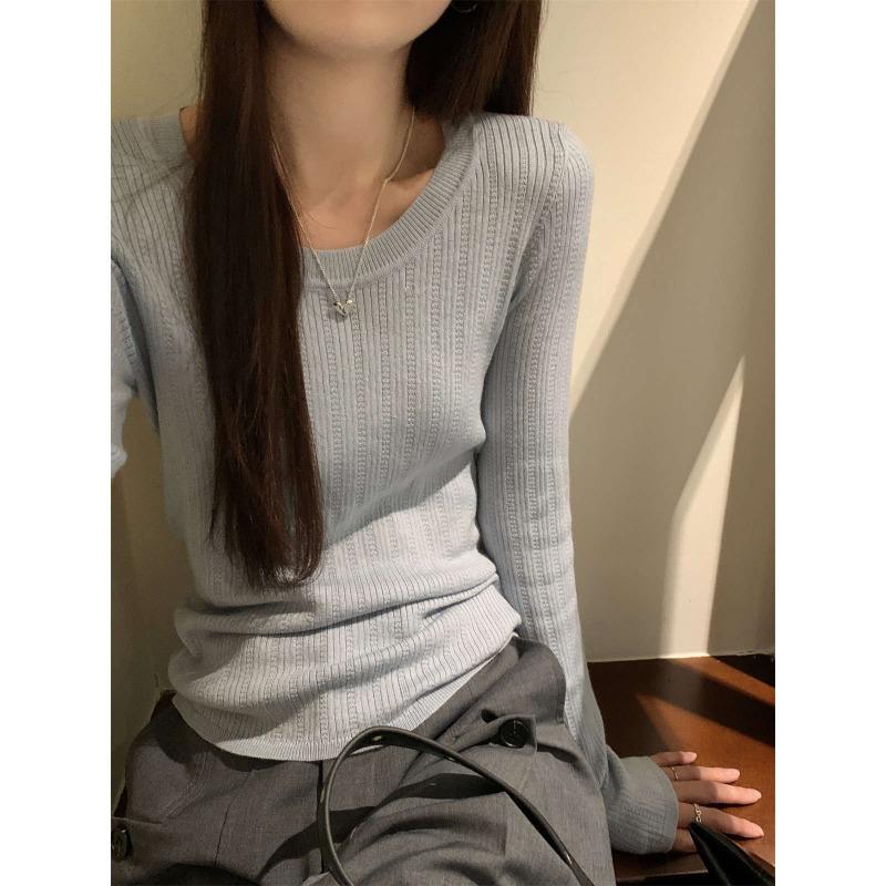 Premium pattern knitted sweater women's spring long-sleeved inner top leaking collarbone bottoming shirt
