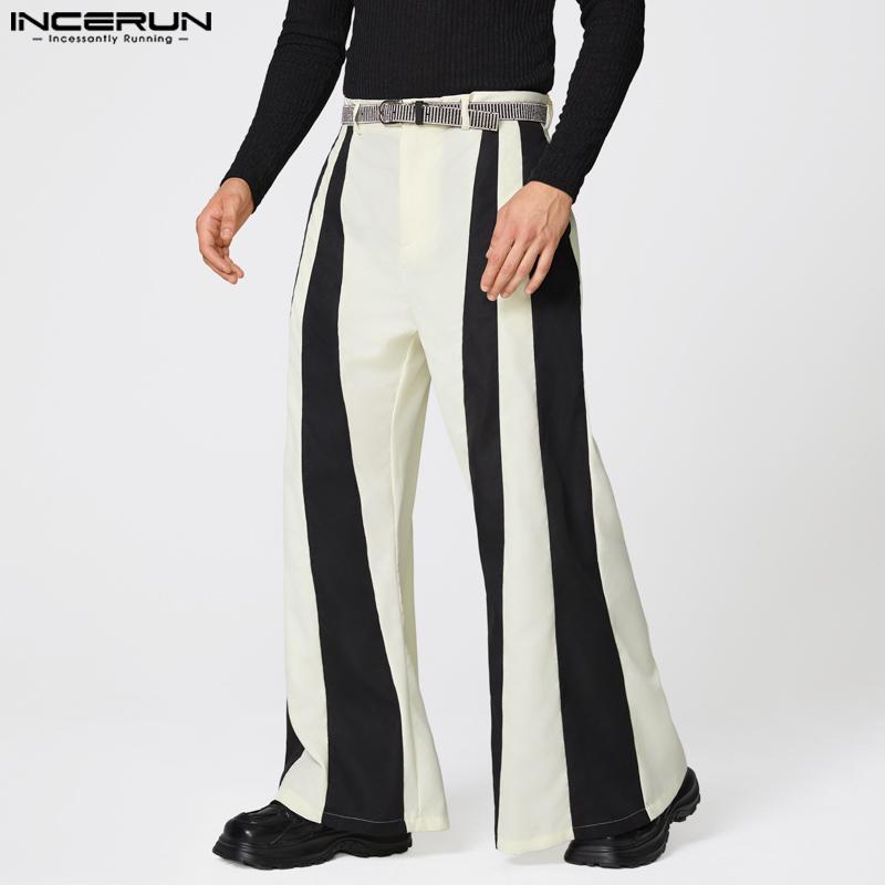 INCERUN Men's High Zipper Waist Striped Patchwork Casual Long Flare Pants Trousers
