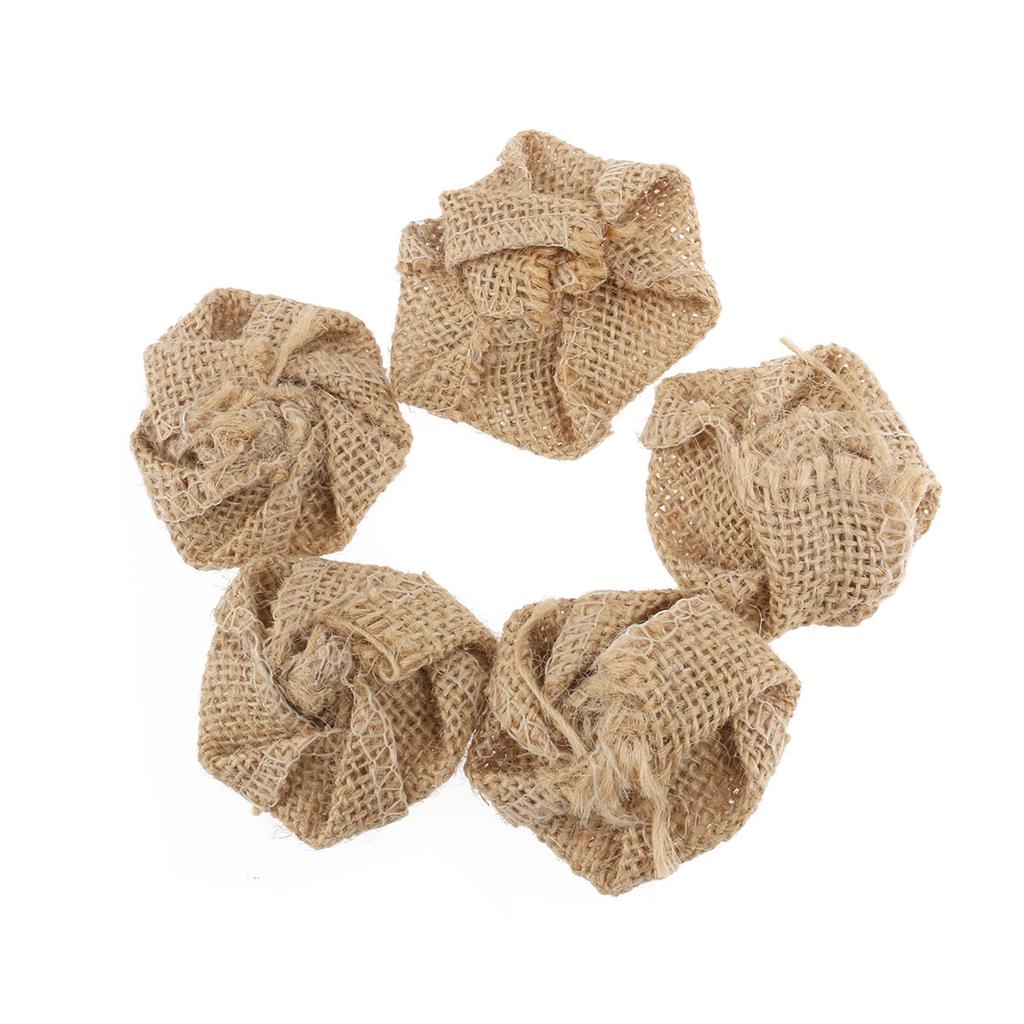 5Pcs Artificial Burlap Rose Flowers Light Brown 6Cm Decorative Roses for Wedding Christmas Party Home Garden Decoration Hessian