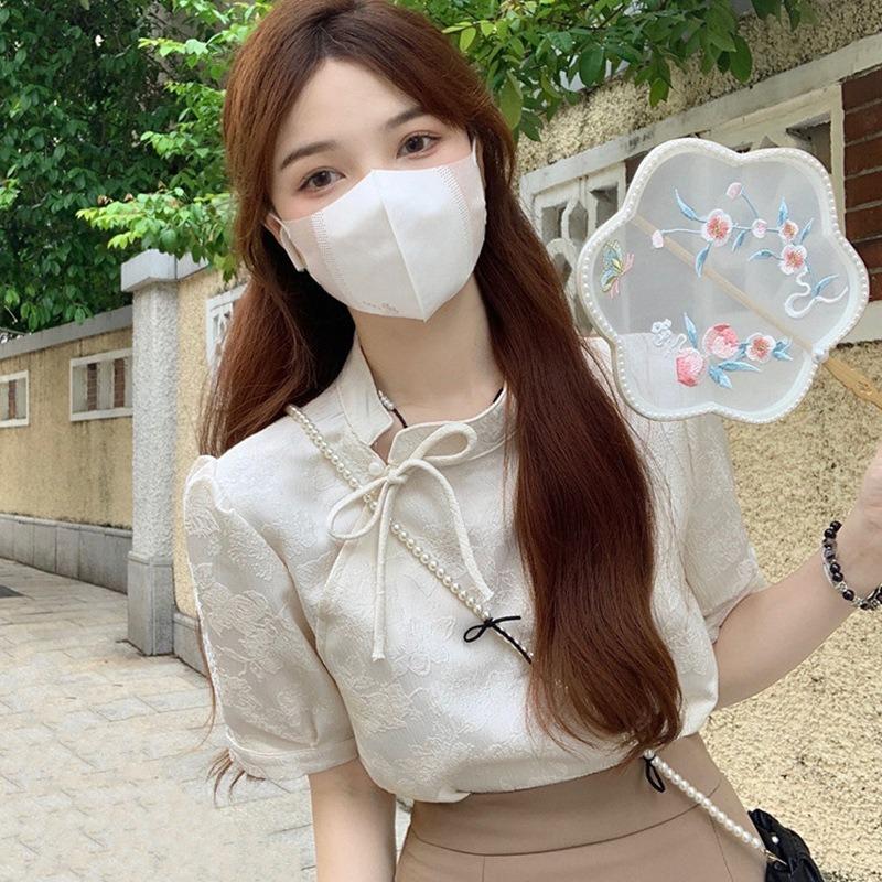 Женский летний стиль, легкий, зрелый, национальный тренд, новый китайский стиль, улучшенная блузка-ципао, рубашка с высокой талией S белый