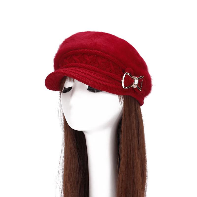 ZHENYUEQI Women s Rabbit Fur Lined Knitted Hat with Crystal Bow