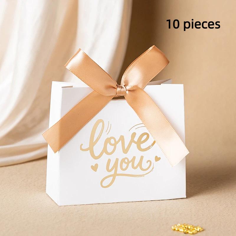 10Pcs Chocolates Gift Packaging Box Suitable For Wedding Candies And Valentine'S Day Love Wings Gold Foil Gift Box With Ribbon