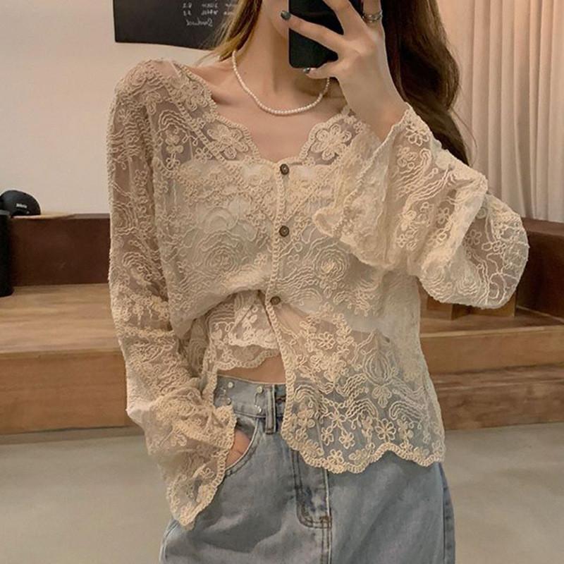 No Inner Wear French Style Lace Cardigan Women Summer New Arrival V Neck Elegant Slim Fit Sheer Outerwear Top With Flare Sleeves
