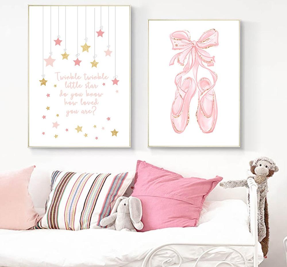 Leinwandposter mit rosa Ballettschuhen, Gemälde an der Wand, Zitat „Just Dance“, Poster und Drucke für Wohnzimmer, kein Rahmen