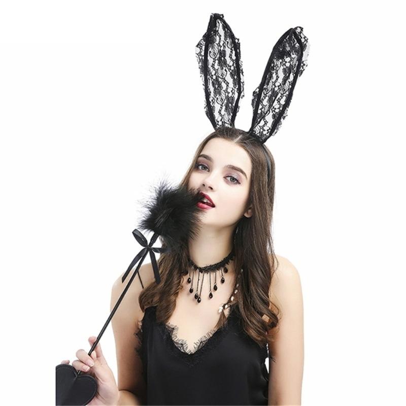 Women Cosplay Lace Hairband Rabbit Ear Headband LolitaStyle MaskedParty Headwear