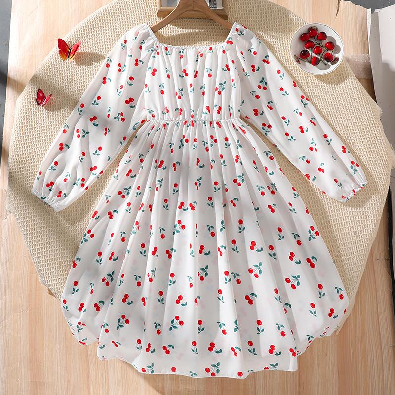 Summer Children's Princess Dress with Bow Print Long-sleeved Dress
