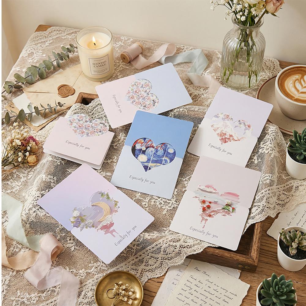 5 pieces of oil painting, three-dimensional love, creative gift cards, artistic and envelope hand drawn greeting cards