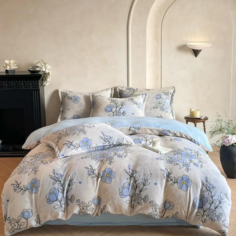

New light luxury style high gram milk fleece 1.5m/1.8m bed four-piece printing warm bed sheet quilt cover 1.5m bed sheet 4pcs