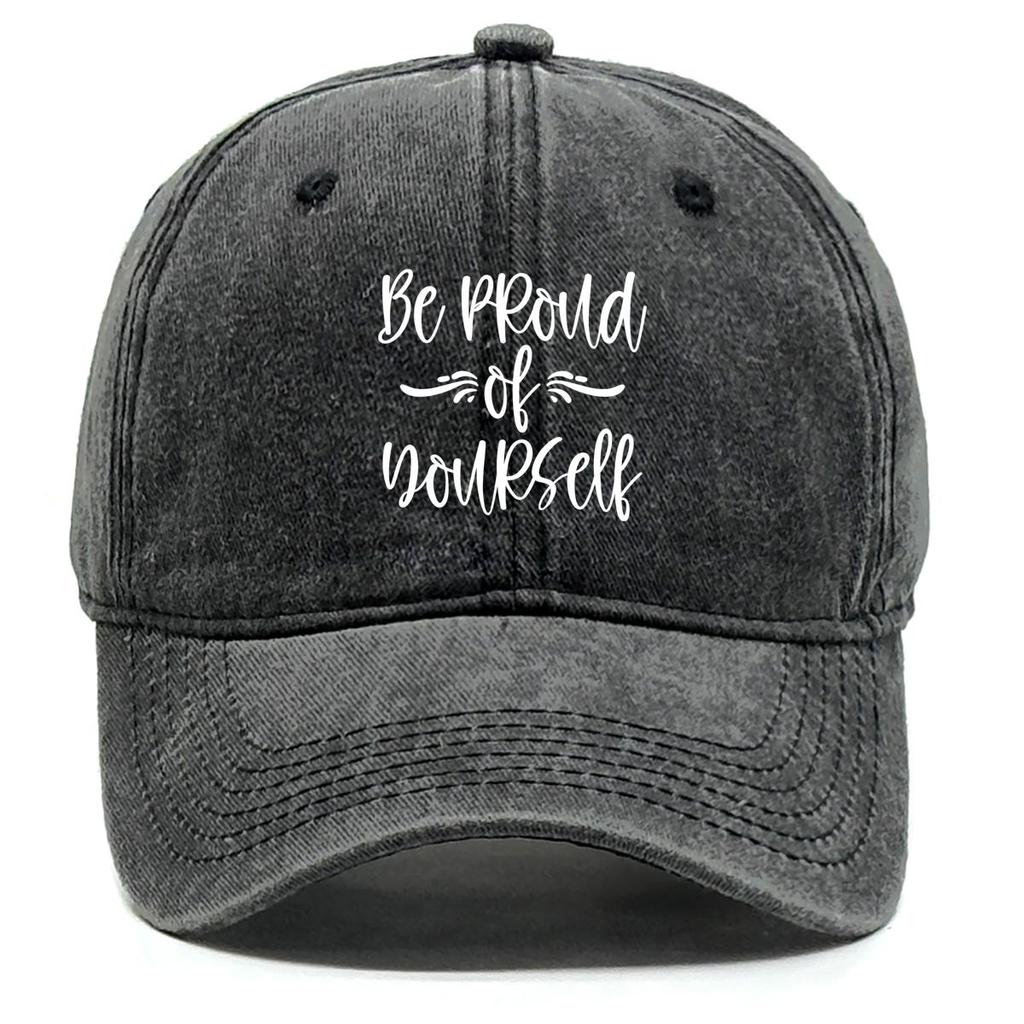 Be Proud of Yourself" Print Snapback Sun Hat, Trucker Hat Adjustable Buckle Headwear Raw Brim Non-Stretch Fabric Snapback Baseball Cap