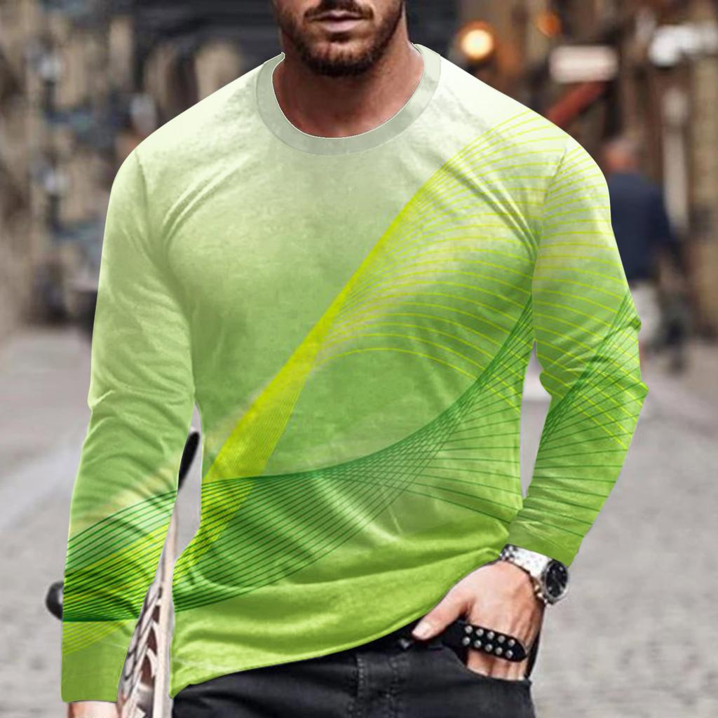 Spring and Autumn Round Neck 3D Line Printed Top Fashionable Casual Simple Long Sleeved Men's T-shirts