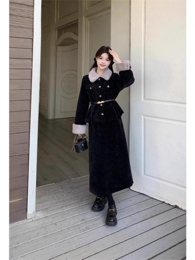 2025 Winter Women's Plus Size Slimming Fur Collar Jacket & Belted Skirt Set