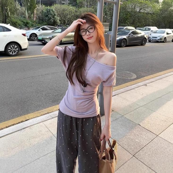 Korejské Niche Žluté Bodycon Tričko s Jedním Ramenem pro Ženy - Letní Top Zeštíhlující Pas