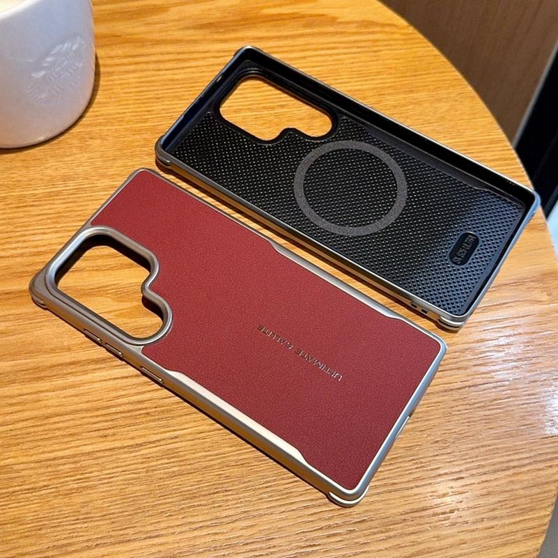 Plain Leather Magnetic Silver Bezel Lens To Heighten Case For Samsung S25 Ultra Galaxy S25 + S25 Camera Protection Cover