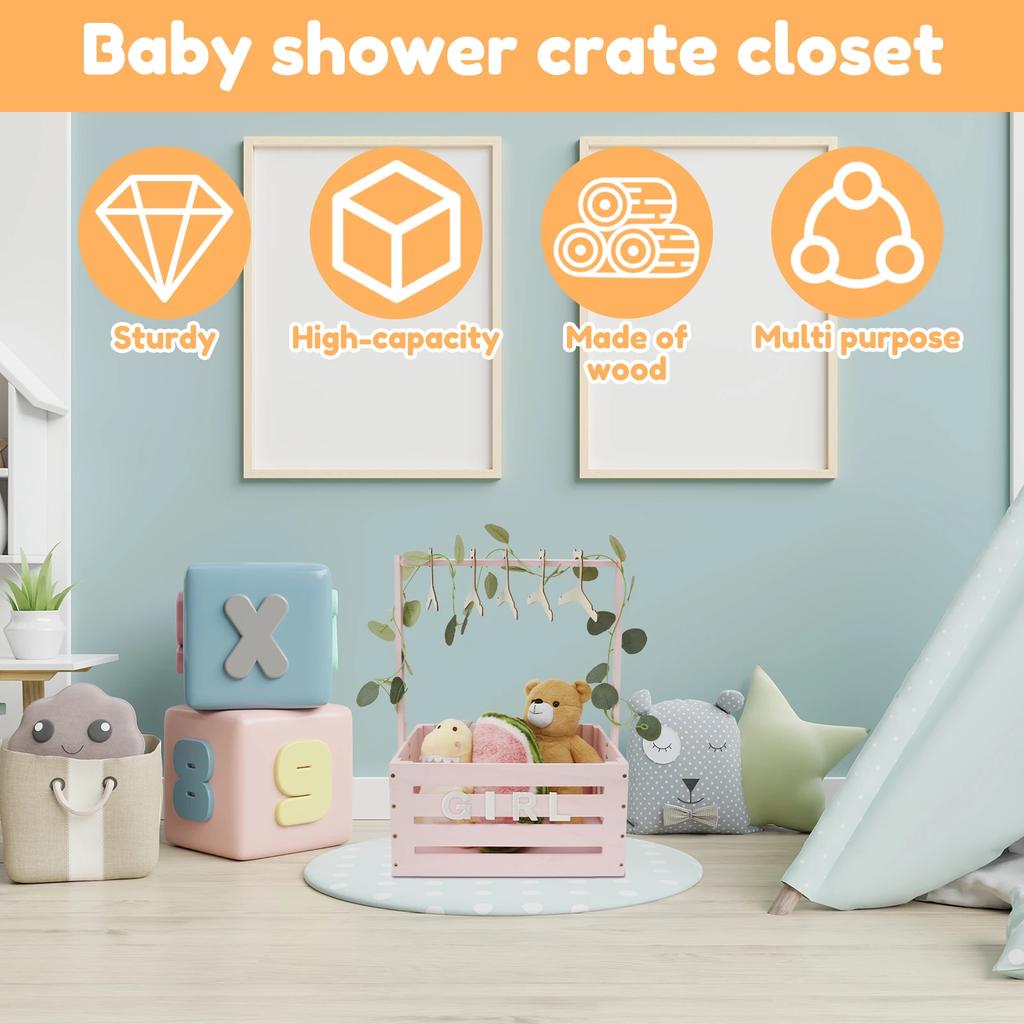 Wooden Baby Shower Crate Closet Baby Basket with Handle Baby Storage Crate Hamper Baby Shower Wooden Gift Crate for New Parent