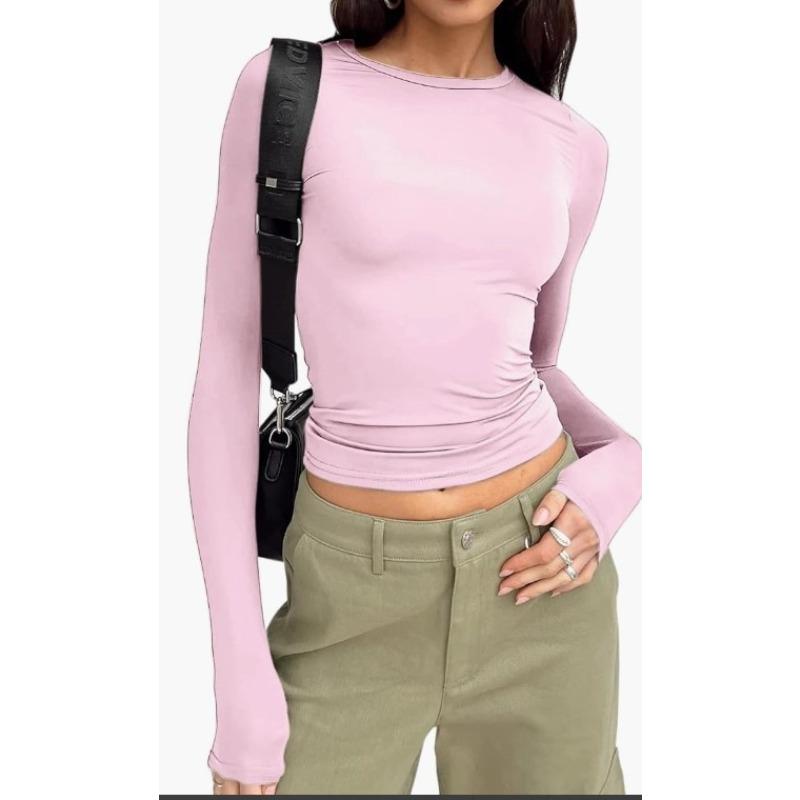 Women's Spring New Shirt Solid Color Crew Neck Bottom Shirt Slim Wear Hand Long Sleeve Top Women