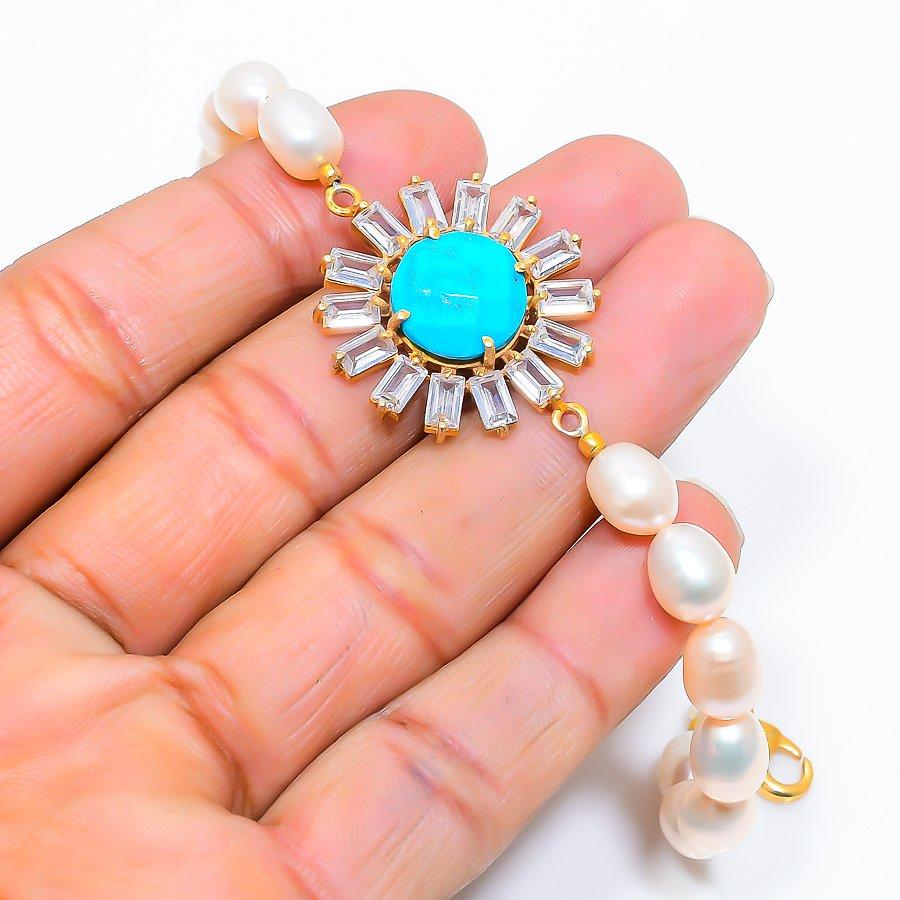 

Arizona Turquoise, Pearl Gemstone 925 Sterling Silver Bracelet 7-8 GK-6125