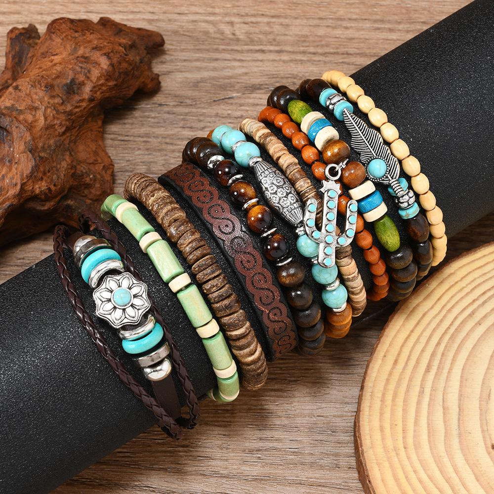 Leather Bracelets for Men Women Handmade Wrap Woven Cuff Bracelets Wooden Beaded Bracelets Vintage Ethnic Tribal Wristbands Bracelet Set Adjustable