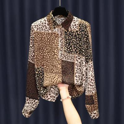Elegant Fashion Korean Style Satin Shirt Women Spring New Leopard Patchwork Top Casual Polo Neck Long Sleeve Ladies Blouses