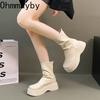 Winter Chunky Heel Woman Ankle Boots Cosy Soft Leather Shoes Street Style Slim Height Increase Short Botas Mujer